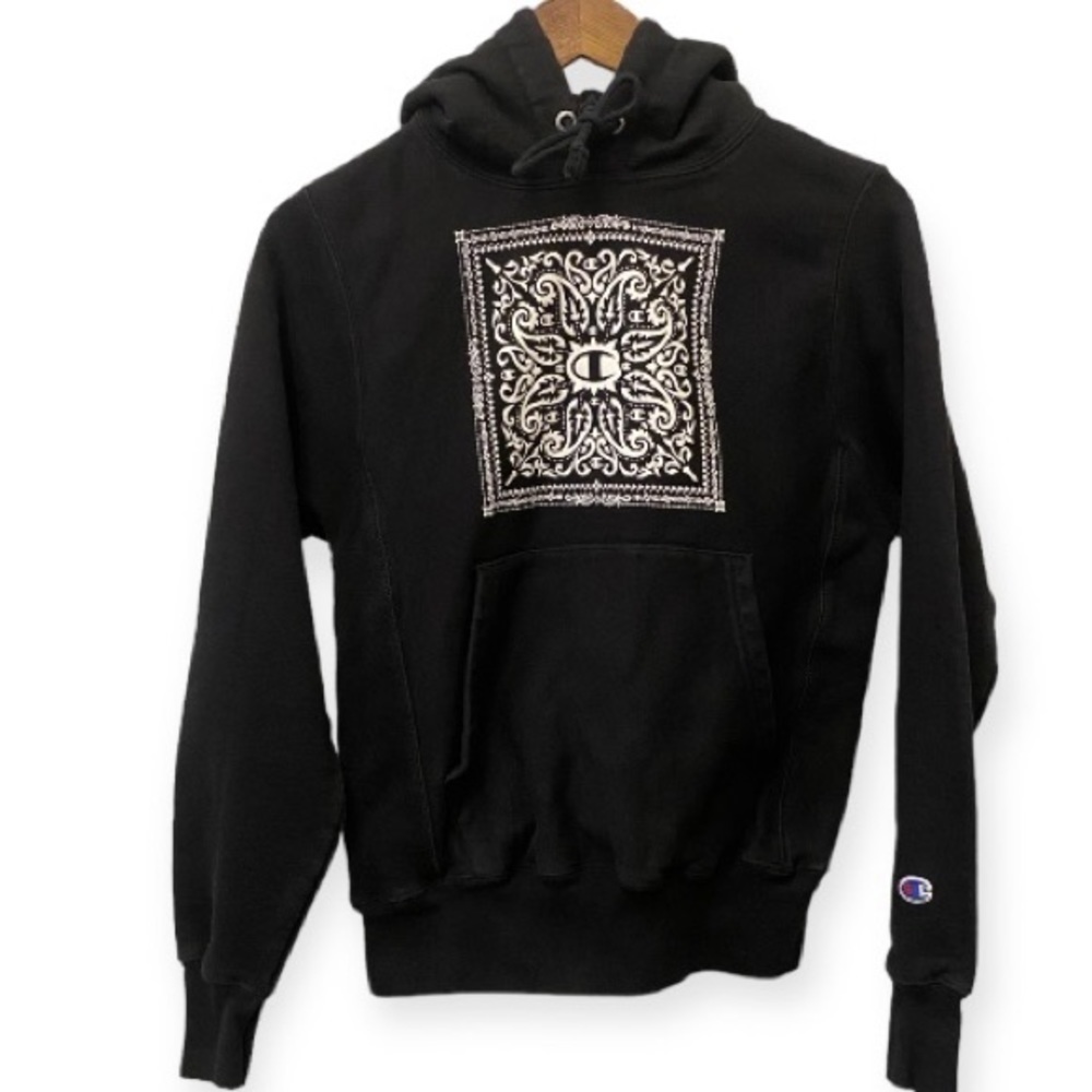 Champion XS Reverse Weave Hoodie Men’s Black Sweatshirt Pullover Logo Pocket